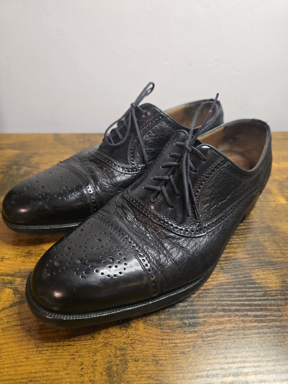 Moreschi Mens Italian Black Pebbled Leather Cap Toe Brogue Oxfords Shoes Sz 9.5